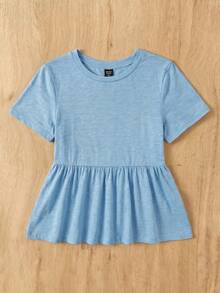 SHEIN EZwear 女款大尺碼圓領拼接A字版型純色棉質娃娃風T恤 - 淺藍色 - 查看 3