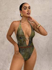 Swim Glamine DivaQ 波希米亞熱帶性感辣妹風露背掛脖連身泳衣 橄欖綠 夏季海灘派對度假款 - 軍綠色 - 查看 3