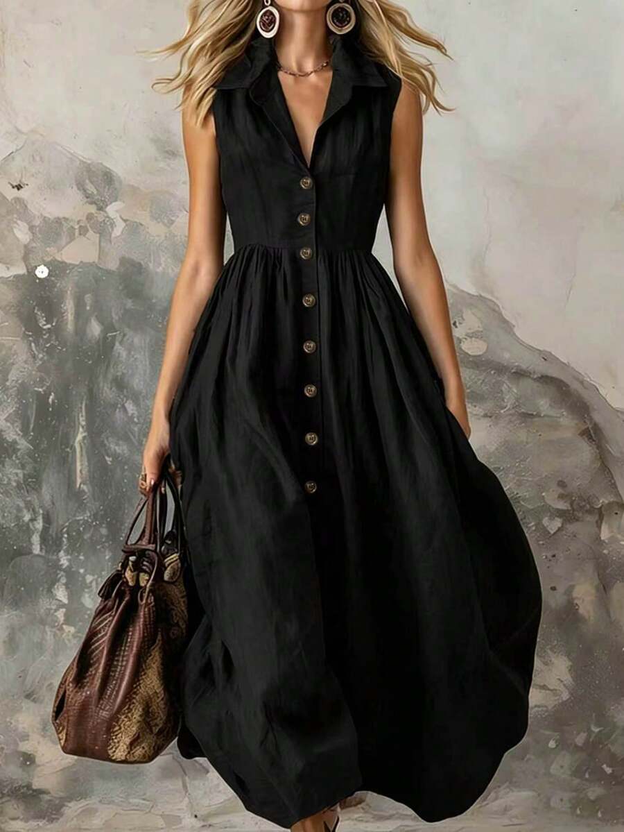 Zayélia 女款畢業禮服時尚純色洋裝,優雅設計搭配前扣細節,適合海邊、約會、出遊及日常通勤 - 黑色 - 查看 1