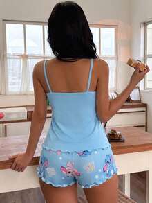 SHEIN Cartoon Print Camisole & Shorts Women Pajama Set - Blue - View 2