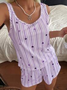 SHEIN Casual Underwear&Sleepwear 女款休閒針織背心與短褲條紋愛心印花睡衣套裝 - 紫色 - 查看 6