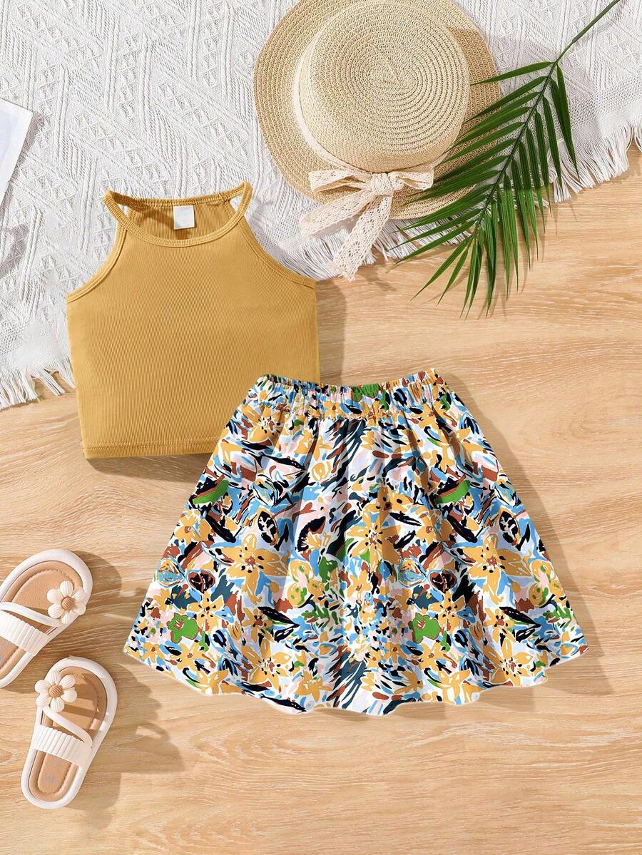 Girls' Knit Vest And Printed Skirt Set, Suitable For Daily Commute And Outdoor Activities, Showcasing Lively And Cute Style - Yellow - View 1