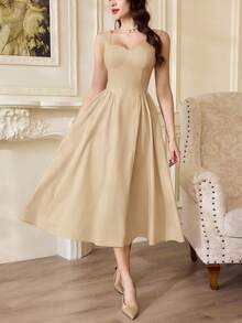 Vintamour Vintage Elegant Women Dress With Pockets Casual Tea Party Dress Festivals Party Summer Khaki Green - Khaki - View 3