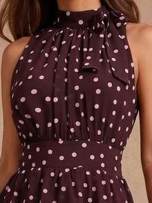 Enchnt Premium Summer Romantic Women's Elegant Brown Polka Dot Print Cake Hem Halter Neck Dress,Graduation Dress,Festival Outfits,Back To School,Fall - Brown - View 2