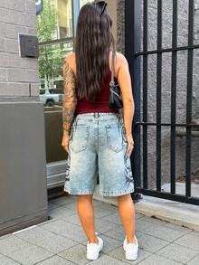 SAYEHFBABY Women's Patterned Pocket Wide Leg Loose Casual Bermuda Denim Shorts Summer - Blue - View 2