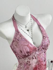 Elamini Spring/Summer Sweet Sexy Pink Sheer Lace Floral Sequin Patchwork Tie-Up V-Neck Slim Fit Halter Tank Top - Hot Pink - View 4