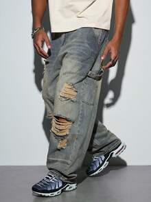 Modcrash Men's New Straight Leg Cat Whisker Distressed American Casual Denim Jeans - Bronze - View 4