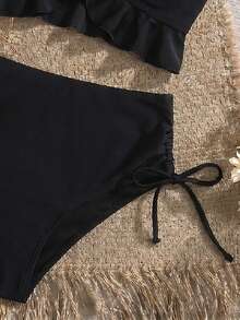 Swim Vcay 女款夏季海灘度假純色性感細肩帶比基尼套裝，荷葉邊 V 領，度假穿搭，黑色上衣，黑色下裝，海灘穿著 - 黑色 - 查看 5