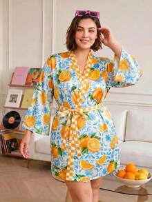 Chillnights Casual Vacation Fruit Plaid Color Block Geometric Print Satin Plus Size Robe - Multicolor - View 5
