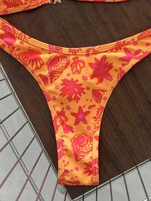 Swim Vcay 春/夏數位印花三角無鋼圈掛脖比基尼上衣與丁字褲套裝，女款海灘度假游泳用 - 橘色 - 查看 7