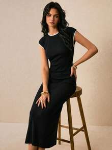 Poéselle 女款法式優雅刺繡對比色修身商務洋裝 - 黑色 - 查看 4