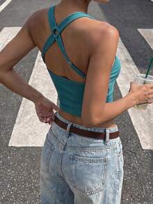 INAWLY Solva Women's Solid Color U-Neck Sleeveless Hollow Back Cross Strap Casual Y2k Slim Fit Basic Top Vacation Teal Blue Summer - Blue - View 2