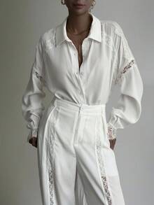 Korevelle Women's 2 Pieces Set Off-White Long Sleeve Lace Patchwork Button Pleated Collar Blouse Loose Long Pants Summer Autumn Teachers' Day Dinner - White - View 1