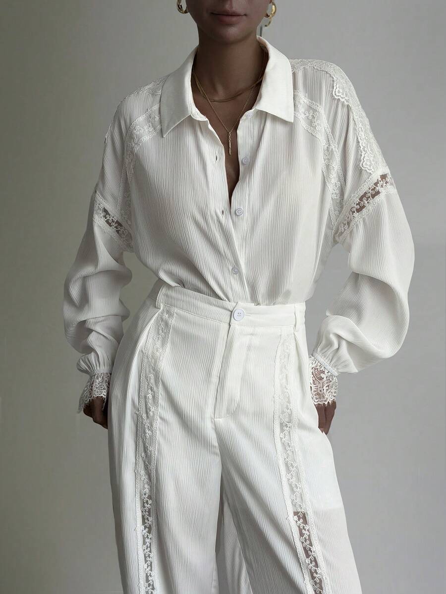 Korevelle Women's 2 Pieces Set Off-White Long Sleeve Lace Patchwork Button Pleated Collar Blouse Loose Long Pants Summer Autumn Teachers' Day Dinner - White - View 1