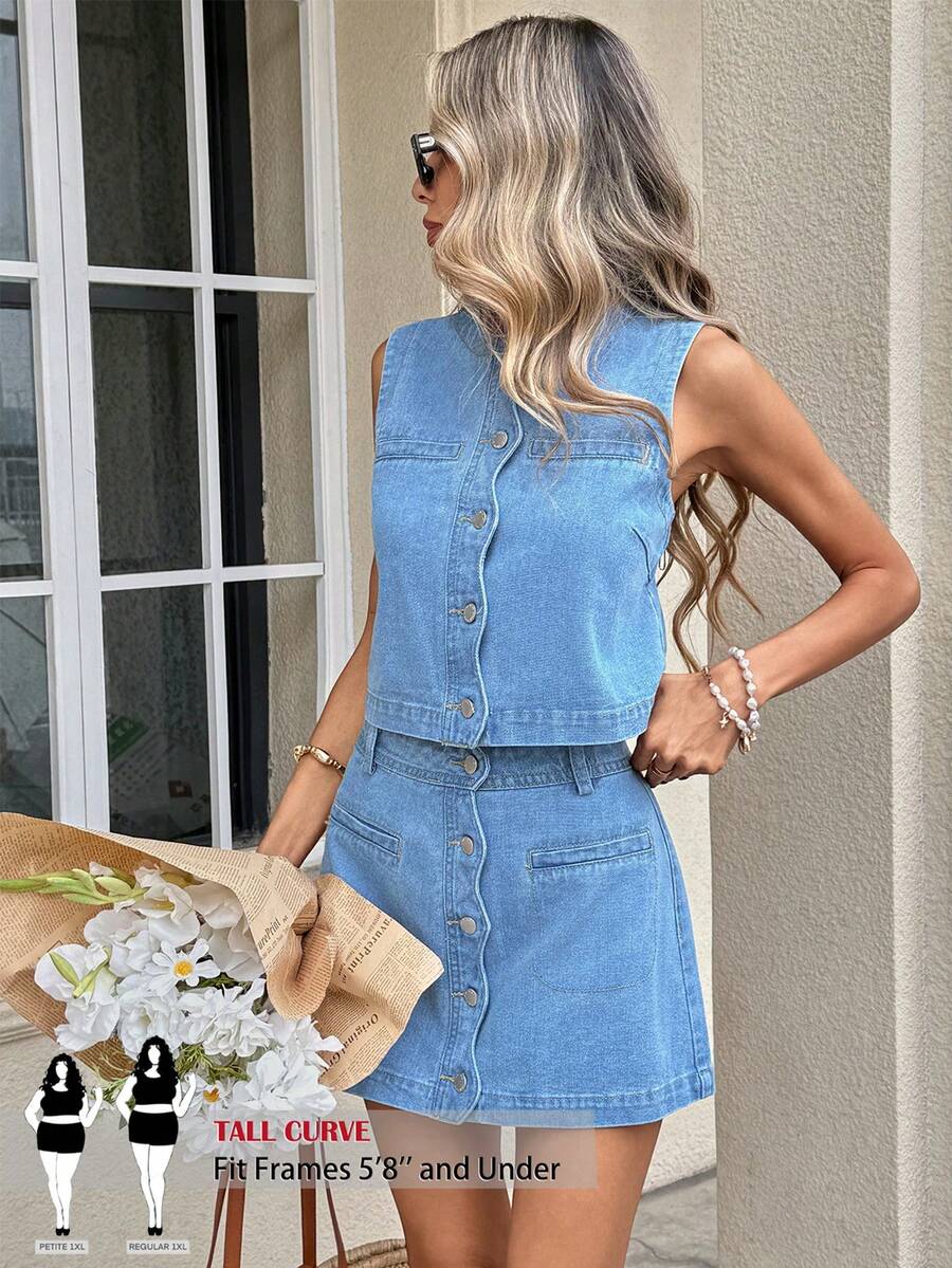 SHEIN Tall CURVE Tall CURVE Plus Size Women's Denim 2 Pieces Set Sleeveless Tank Top Mini Skirt Brunch Formal Vacation Blue Summer Casual Traditional - Medium Wash - View 1