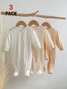 SHEIN Vintaside Kids 3 Pieces Set Newborn Baby Jumpsuit, Infant Boys & Girls Long Sleeve Footed Crawler Suit, Home Wear - Khaki - View 6