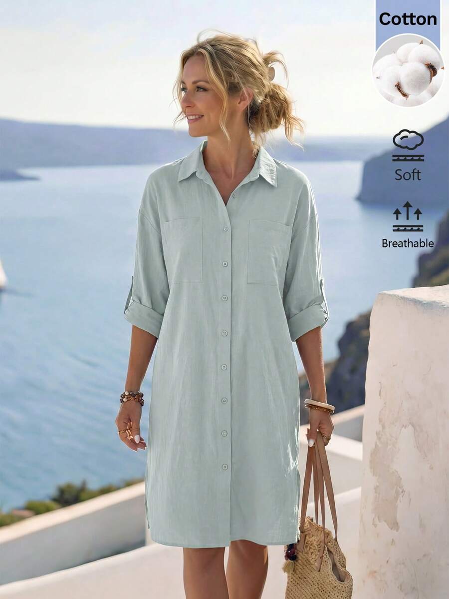 Faunlyn 女款中長版藍白條紋單排扣短袖襯衫洋裝 - 綠色 - 查看 1