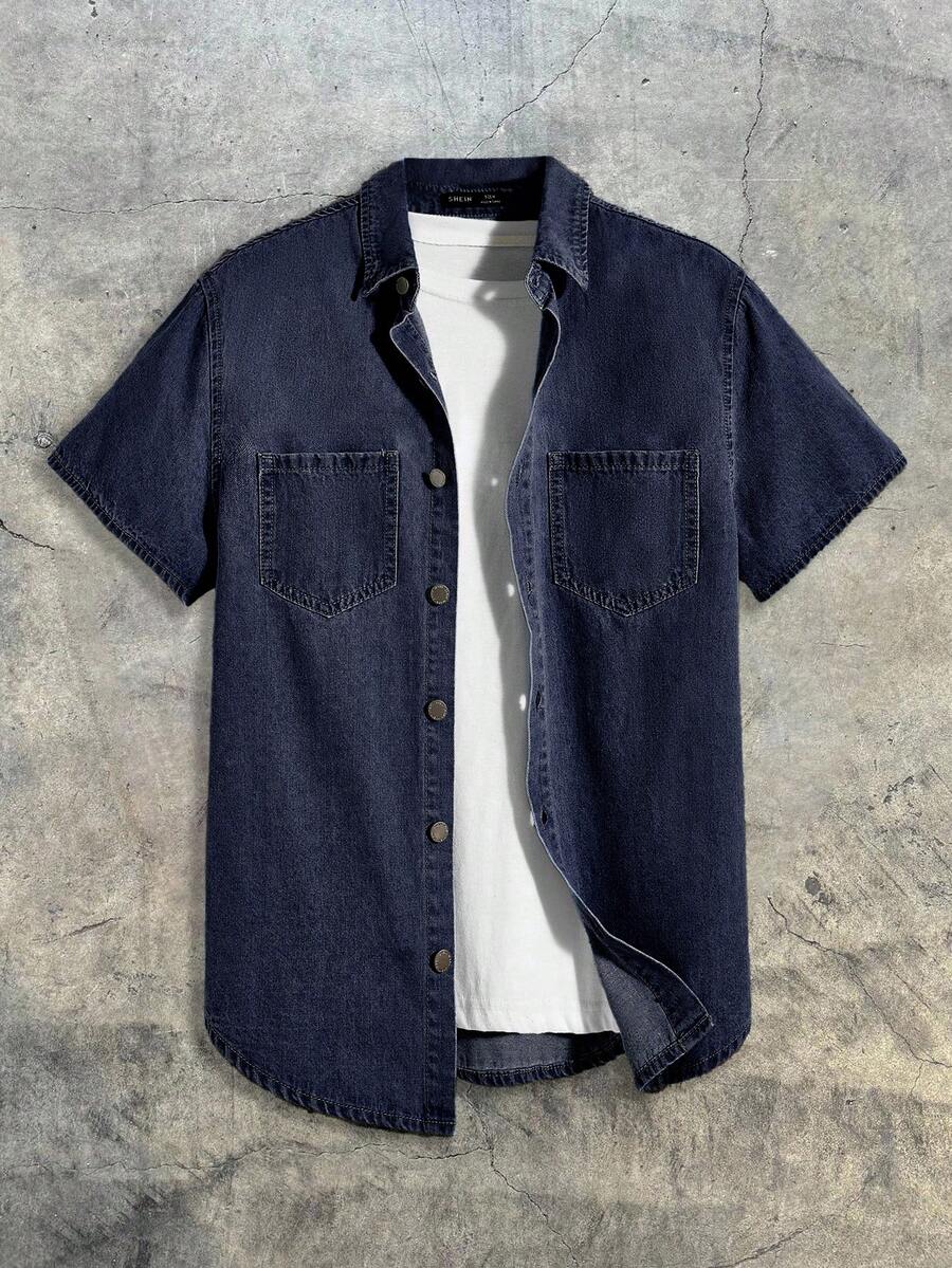 AXEPEAK Kemeja Denim Kasual Pria Lengan Pendek Kancing Tunggal dengan Saku - Biru - View 1