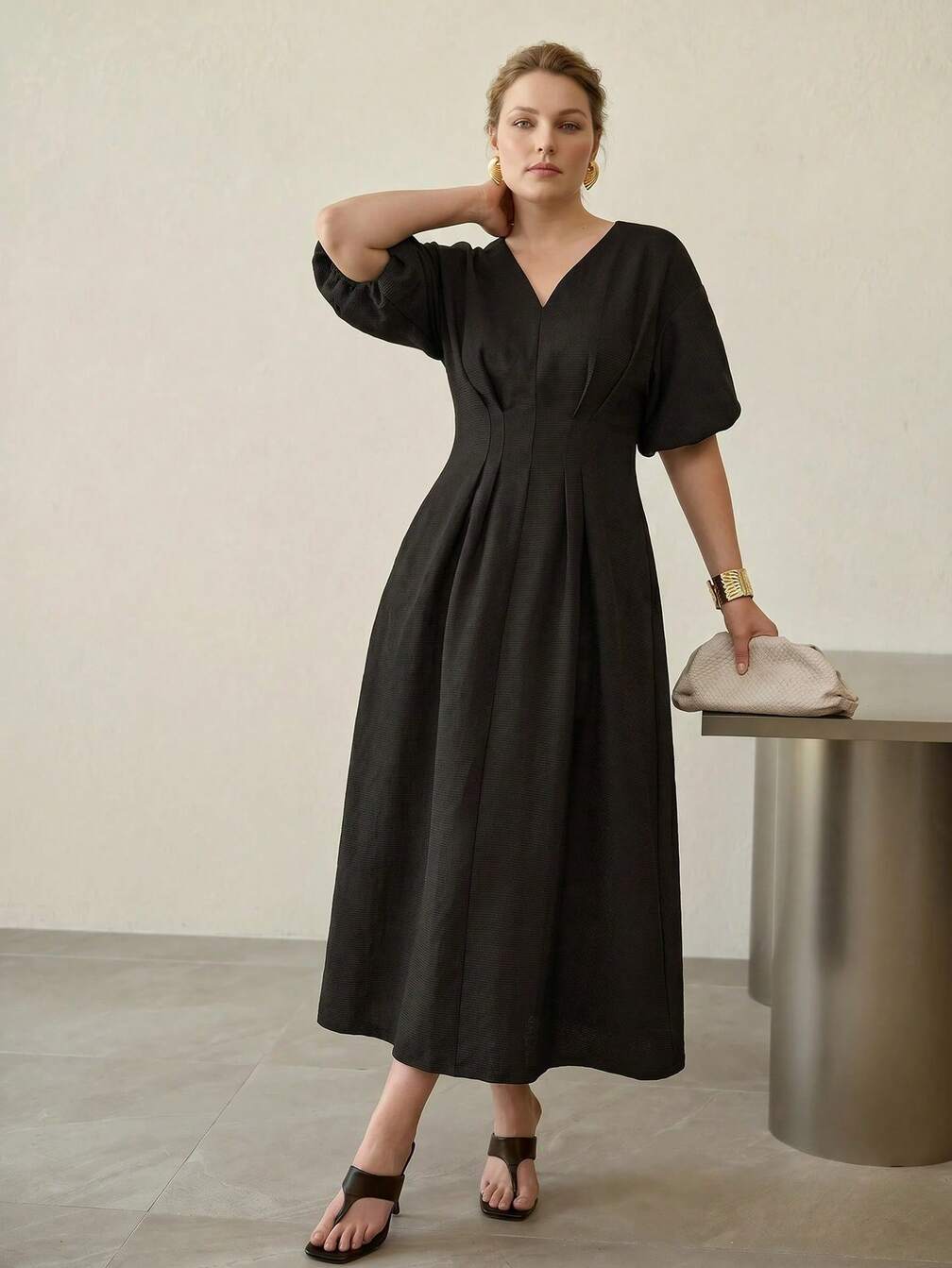 plus size puff sleeve dress formal Midi Dresses Cheap Semi Formal Dresses Plus Size Xpluswear Design Plus Size  Cocktail Party Light Blue