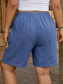 Comfylo Plus Size Women's Drawstring Waist Pockets Comfortable Casual Shorts, Suitable For Beach Vacation, Airport Leisure, Summer Travel And Other Occasions, Blue Color Suitable For Summer - Blue - View 2