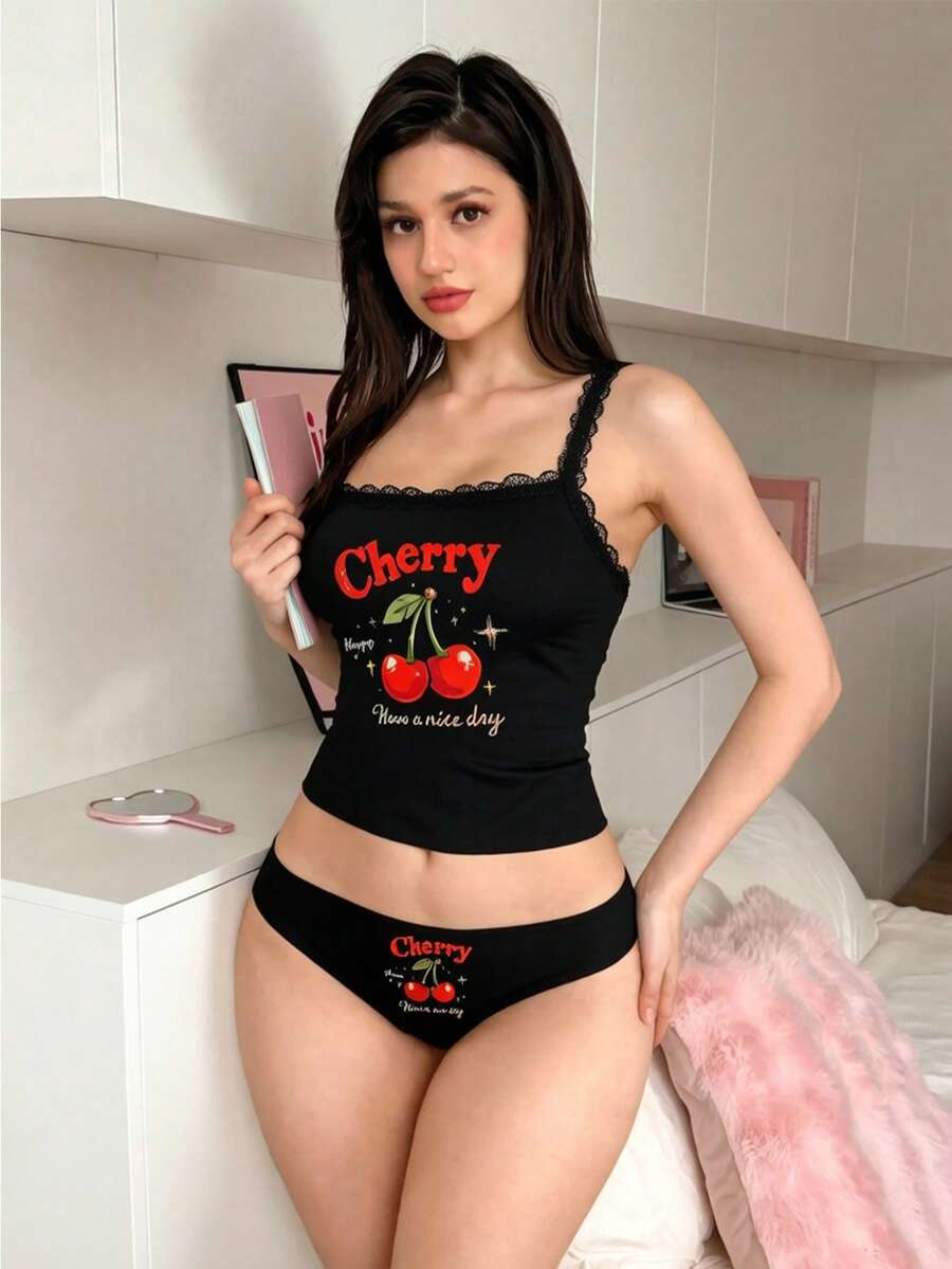 PetitDoll 女款 2 件組蕾絲拼接內衣套裝 - 黑色 - 查看 1