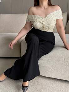 Dazy Plus Women's Elegant Summer Sequin Patchwork Off-Shoulder Wide Leg Plus Size Jumpsuit - Black - View 2