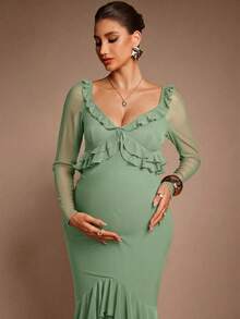 MaterniChic Maternity Solid Color Patchwork Ruffle Long Sleeve Elegant Dress - Green - View 7