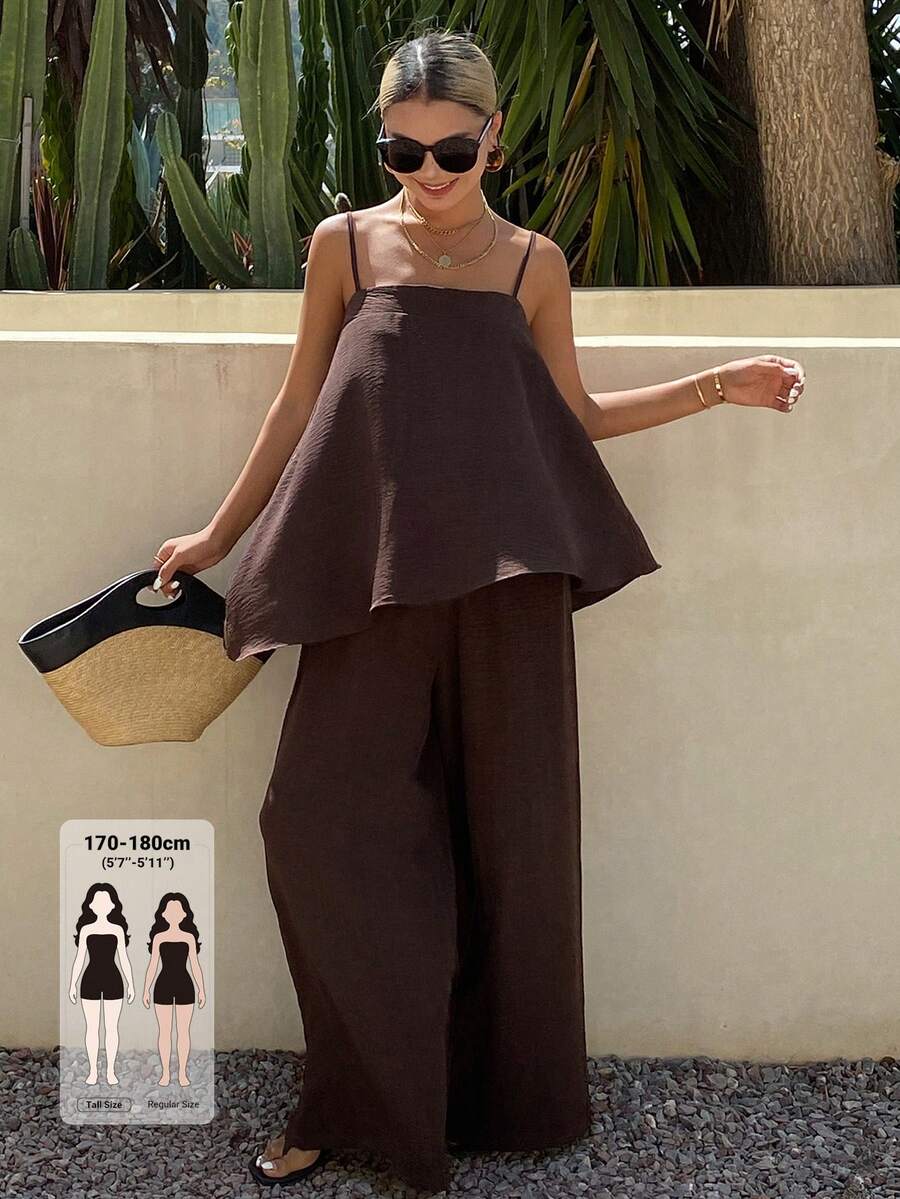 Dazy Tall Women's Camisole Top And Loose Long Pants Vacation Style 2 Pieces Set Lounge Sets For Women - Brown - View 1