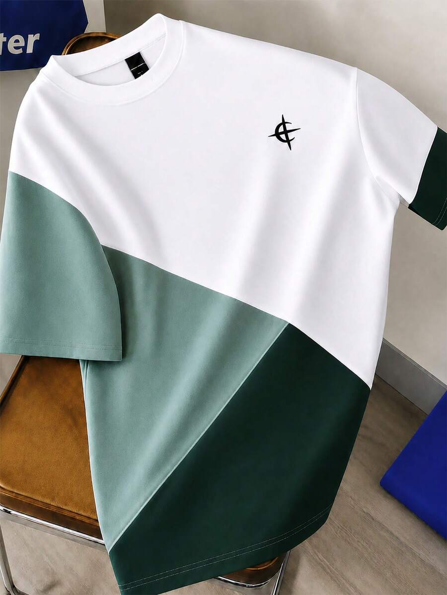 Manfinity Joysei Men's Geometric Print Crew Neck Short Sleeve Colorblock Casual T-Shirt - Green - View 1