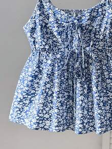 SHEIN Tween Girl 2件套 無袖條紋吊帶背心附蝴蝶結，鬆緊腰寬鬆休閒短褲，夏季休閒度假學院風套裝 - 藍色 - 查看 3