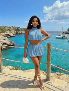Slaydiva Summer Birthday Party Back To School Preppy Breezy Casual Vacation Beach Street Style Sexy Elegant Sleeveless Halter Tulip Top Skorts Women's Set - Baby Blue - View 9