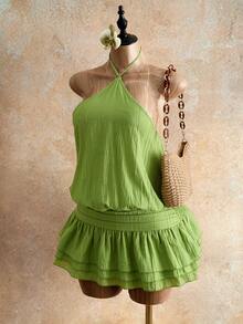 Zolique Women's Solid Color Pleated Halter Neck Casual Tropical Sexy Party Vacation Beach Travel Dress Lime Green Summer - Green - View 5