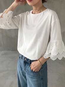 FRIFUL Women's Round Neck Hollow Embroidery Ruffle Cuff Loose T-Shirt - White - View 5