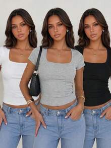 Women's 3-Packs Basic Square Neck Ribbed Short Sleeve Fitted Tee - Grey - View 5