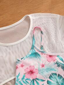 SHEIN Tween Girl Tropical Print Cami Top & Shorts & Tee - Multicolor - View 3