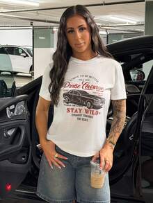 SAYEHFBABY 女款復古風汽車字母圖案印花修身圓領短袖T恤，適合夏季，休閒外出穿著，白色 - 白色 - 查看 3