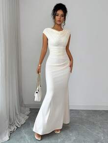 Elenzga Elegant Asymmetrical One-Shoulder Lace Patchwork Waist-Cinched Long Mermaid Dress For Women - White - View 5