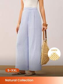 LUVLETTE Women's Blue Striped Linen Sleep Pants, Casual Wide Leg Pants With Pockets. - Blue - View 1