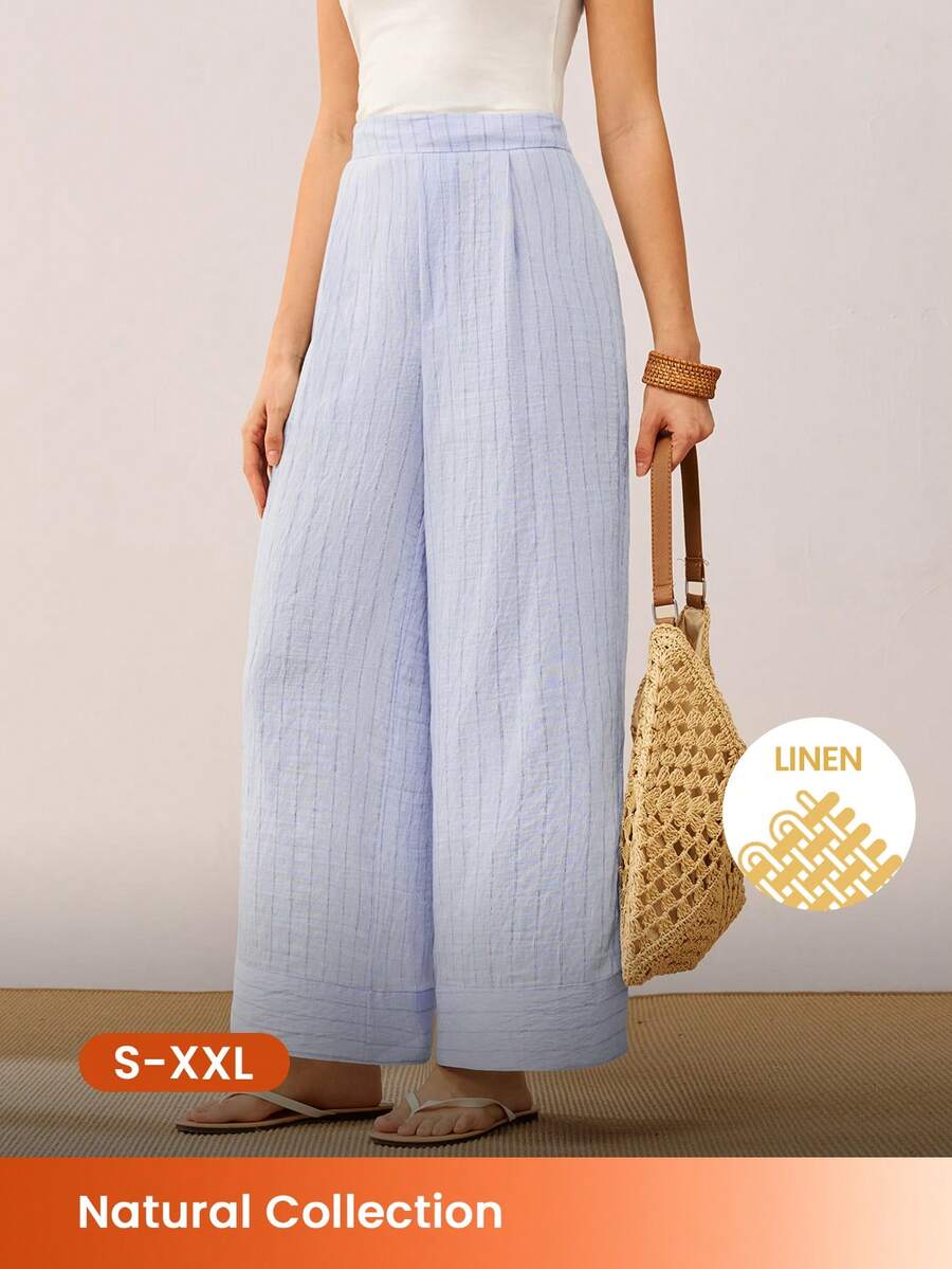 LUVLETTE Women's Blue Striped Linen Sleep Pants, Casual Wide Leg Pants With Pockets. - Blue - View 1