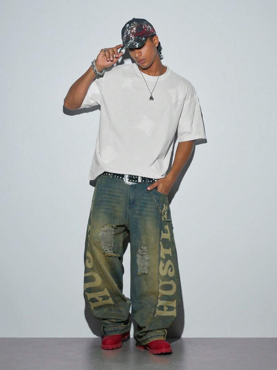 Mens White Letter Graphic Oversized T-Shirt Drop Shoulder Vintage Casual Streetwear Summer Tee - White - View 1