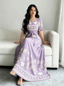 Modelyn Vestido de línea A de manga larga con cuello redondo, con estampado digital de flores y patrón triangular, cintura ceñida, de moda, para primavera - Multicolor - Ver 3
