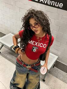 StreetHx 女款夏季短版T恤 墨西哥國旗 世界盃 Y2K 龐克風露腰短袖綠色Baby Tee - 紅色 - 查看 5