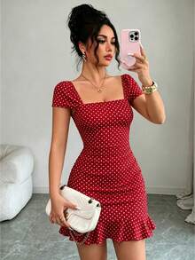 SHEIN LUNE New Women's Square Neck Polka Dot Print Ruched Waist Ruffle Hem Dress, Suitable For Dating And Vacation Wear - Red - View 5