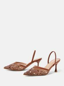 CUCCOO HITCHD Ladies Floral Faux Pearl Decorative Design Pointed Elegant High Heels Fall Shoes - Brown - View 3