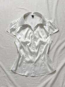 Attitoon Women's White Collar Slimming Short Sleeve Satin Elegant Fashion Waist-Defining Blouse - White - View 6