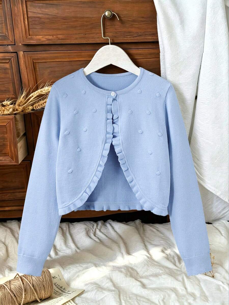 SHEIN Vintaside Kids Tween Girl Solid Color Frill Trim Single Button Knit Cardigan - Blue - View 1