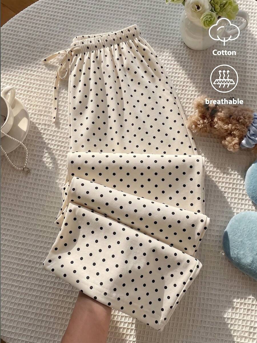 Elamini Pantalones de pierna ancha rectos de cintura baja con cordón y estampado de lunares color albaricoque para mujer, estilo bohemio elegante para vacaciones de verano, uso diario versátil, minimalista vintage para ir al trabajo - Albaricoque - Ver 1