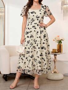SHEIN Clasi 女款刺繡方領荷葉邊短袖優雅中長洋裝 - 黑與白 - 查看 4
