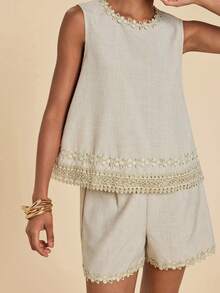 Travachic Women's Spring/Summer Casual Commute Lace Plain With Ruffle Round Neck Tank Top And Shorts 2-Piece Set - Apricot - View 8