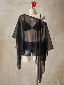 SHEIN ICON 黑色大尺碼女款網紗不對稱下擺不對稱肩鬆垮上衣 - 彩色 - 查看 3